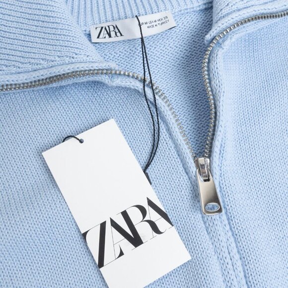 Zara Cropped Sweater Half Zip Light Blue Cotton Relaxed - Picture 6 of 10